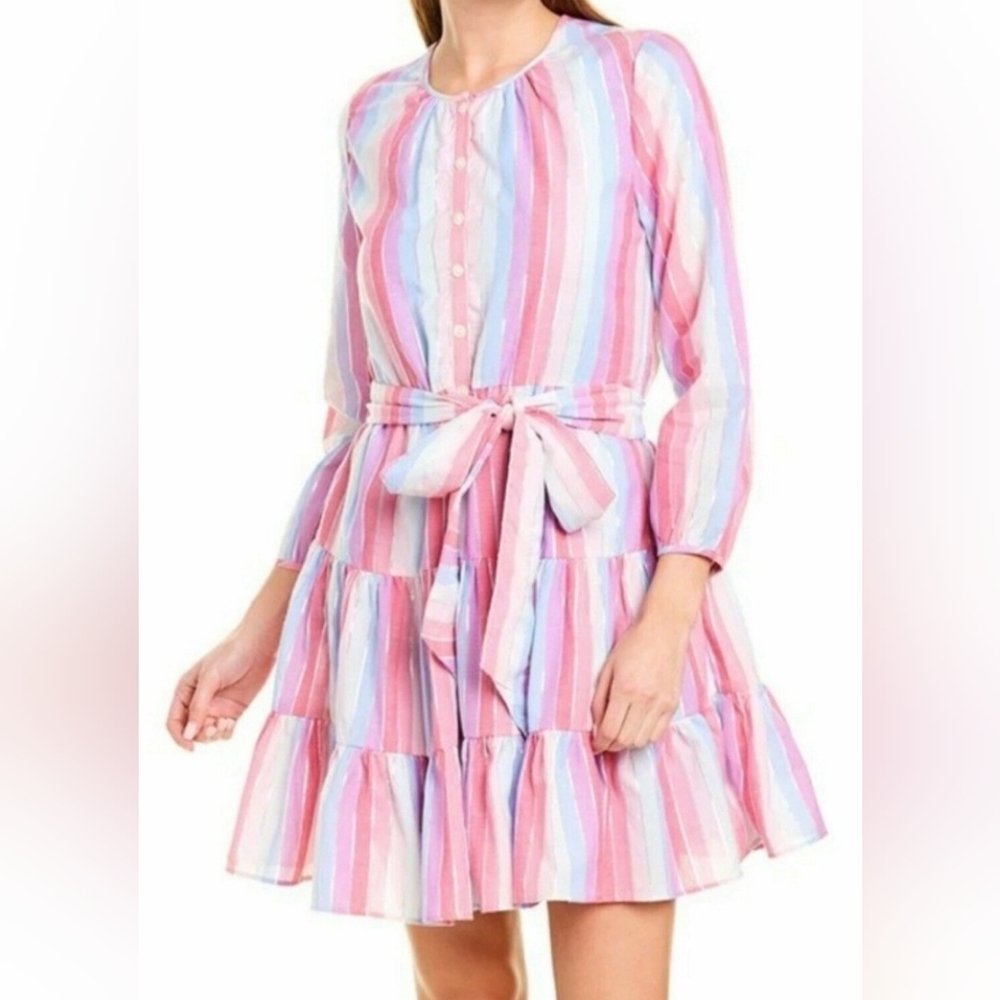 J.CREW Women Button Up Day Dress in Rainbow Color Stripes Matellic NO BELT XS